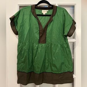 DKNY Green Brown Cotton Silk Blend Babydoll Top Blouse with Pockets Size Small S